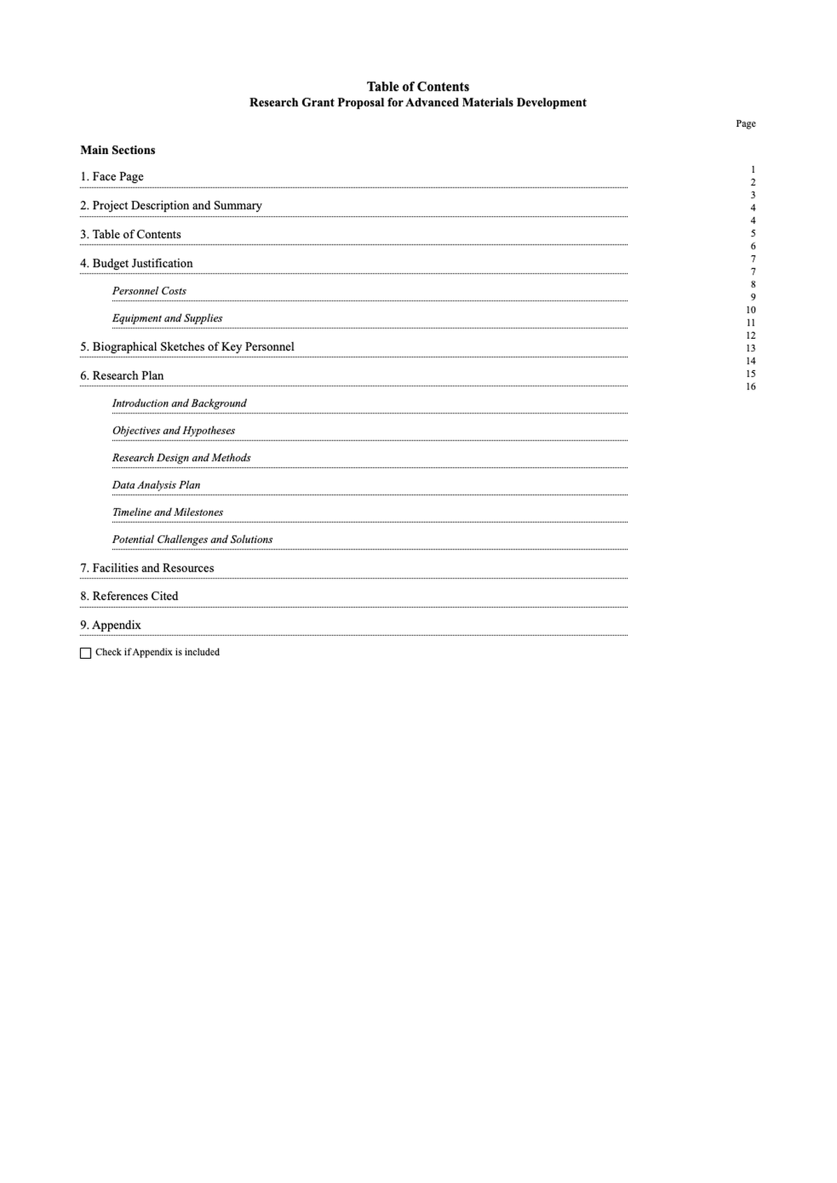 Research grant table of contents with detailed sections and page numbers_variant_3